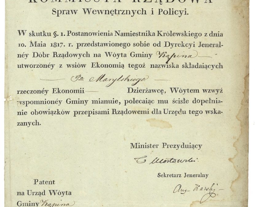 Patent na Wójta Gminy Kąpina, 6 VIII 1817 r