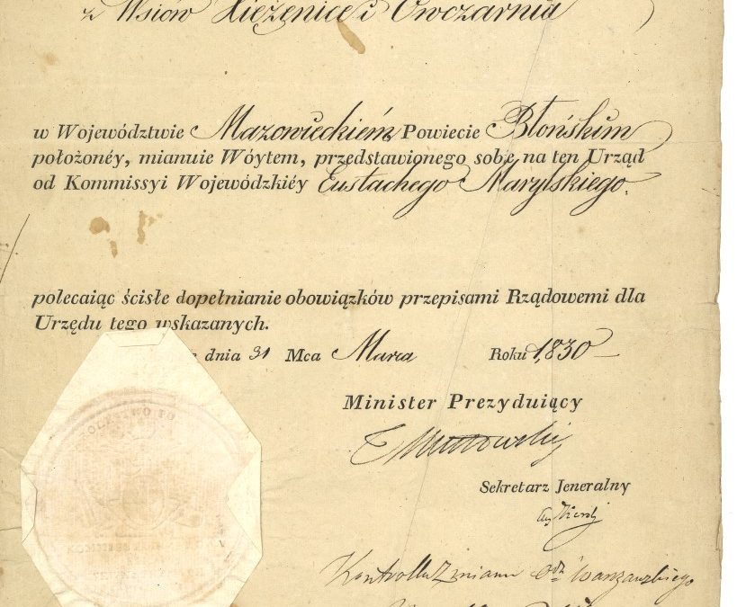 Patent na Wójta gminy Książenice, 31 III 1830 r