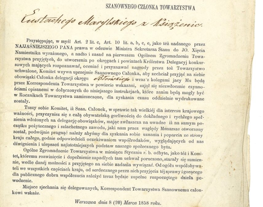 Nominacja na Członka Delegata z pow Błońskiego Towarzystwa Rolniczego w Królestwie Polskim, 8 III 1858 r