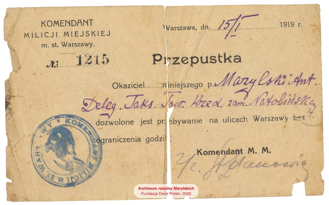 Przepustka Komendanta Milicji dla Antoniego Eustachego na przebywanie na ulicach Warszawy bez ograniczenia godzin, 15 I 1919 r