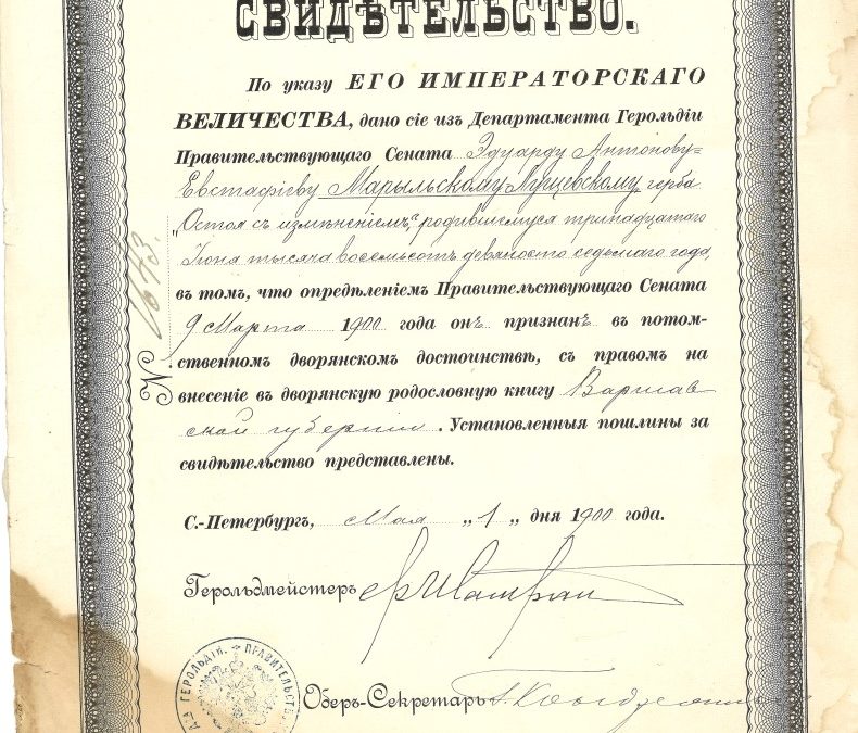 Potwierdzenie szlachectwa Edwarda Marylskiego-Łuszczewskiego przez Departament Heroldii z dn 1 V 1900 r