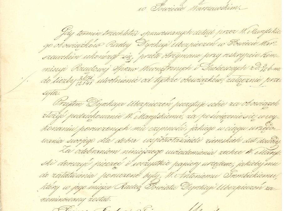 Zwolnienie Eustachego Marylskiego z obowiązków Radcy Dyrekcji Ubezpieczeń w Powiecie Warszawskim, 1850